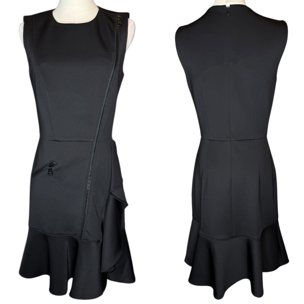 DKNY Cascade Ruffle Sleeveless Dress Zipper Detail Black Size 4 - Picture 2 of 6